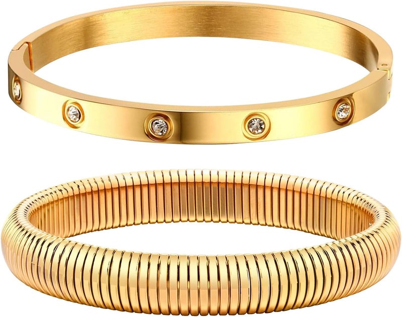 MPRAINBOW Gold Bracelets for Women, 2Pcs 18K Gold Plated Cubic Zirconia Bangle Crystal Friendship Bracelet Jewelry,Wedding Party Christmas Birthday Gifts for Her Girlfriend Sister Daughter - Image 1